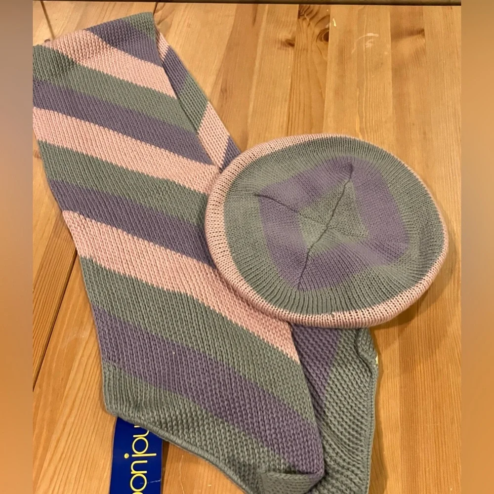 NWT Bonjour Beret Hat & Matching Striped Knit Scarf Set Purple, Pink & Grey